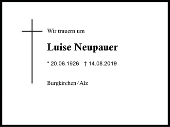 Traueranzeige von Luise Neupauer von Region Berchtesgadener Land