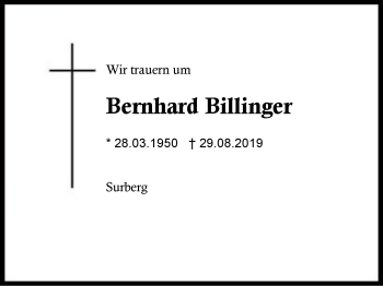 Traueranzeige von Bernhard Billinger von Region Berchtesgadener Land