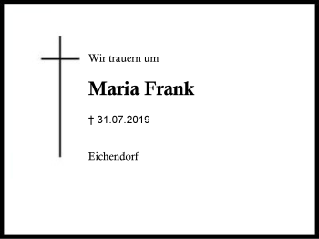 Traueranzeige von Maria Frank von Region Berchtesgadener Land