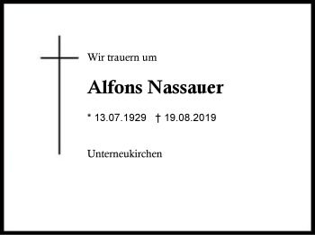 Traueranzeige von Alfons Nassauer von Region Berchtesgadener Land