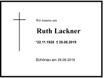 Traueranzeige von Ruth Lackner von Region Berchtesgadener Land