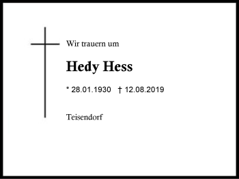 Traueranzeige von Hedy Hess von Region Berchtesgadener Land