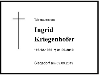 Traueranzeige von Ingrid Kriegenhofer von Region Chiemgau