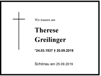 Traueranzeige von Therese Greilinger von Region Berchtesgadener Land