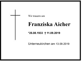 Traueranzeige von Franziska Aicher von Region Chiemgau