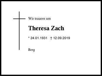 Traueranzeige von Theresa Zach von Region Berchtesgadener Land