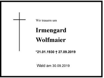 Traueranzeige von Irmengard Wolfmaier von Region Chiemgau