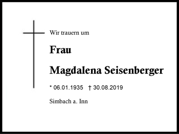 Traueranzeige von Magdalena Seisenberger von Region Berchtesgadener Land