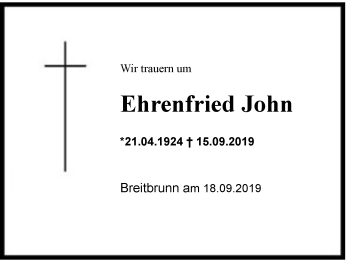 Traueranzeige von Ehrenfried  John von Region Chiemgau