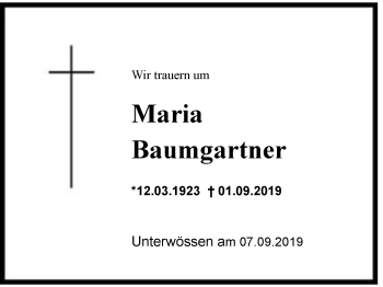 Traueranzeige von Maria Baumgartner von Region Chiemgau