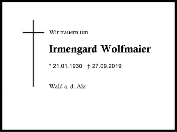 Traueranzeige von Irmengard Wolfmaier von Region Berchtesgadener Land