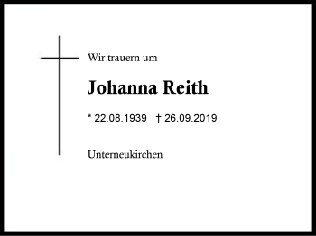 Traueranzeige von Johanna Reith von Region Berchtesgadener Land