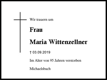 Traueranzeige von Maria Wittenzellner von Region Berchtesgadener Land