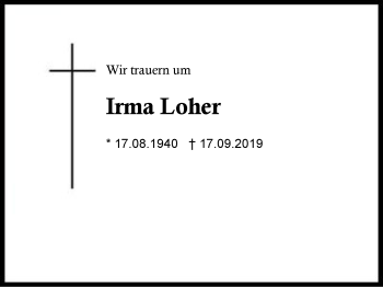 Traueranzeige von Irma Loher von Region Berchtesgadener Land