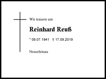 Traueranzeige von Reinhard  Reuß von Region Berchtesgadener Land