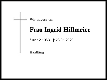 Traueranzeige von Ingrid Hillmeier von Region Berchtesgadener Land