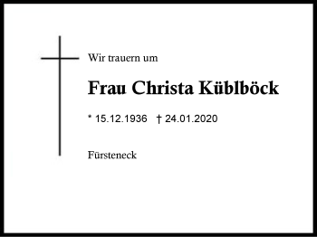 Traueranzeige von Christa Küblböck von Region Berchtesgadener Land