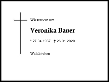 Traueranzeige von Veronika Bauer von Region Berchtesgadener Land