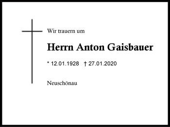 Traueranzeige von Anton Gaisbauer von Region Berchtesgadener Land