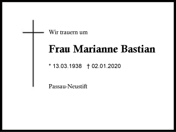 Traueranzeige von Marianne Bastian von Region Berchtesgadener Land