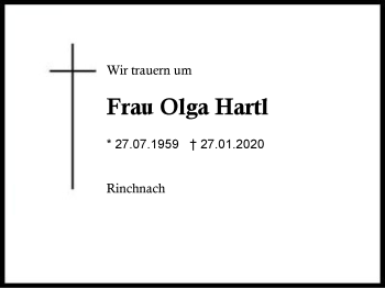 Traueranzeige von Olga Hartl von Region Berchtesgadener Land