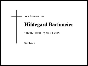 Traueranzeige von Hildegard Bachmeier von Region Berchtesgadener Land