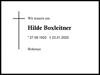 Traueranzeige von Hilde Boxleitner von Region Berchtesgadener Land