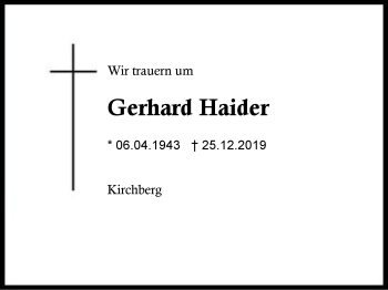 Traueranzeige von Gerhard Haider von Region Berchtesgadener Land