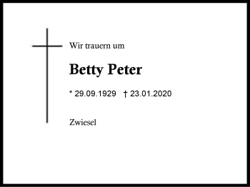 Traueranzeige von Betty  Peter von Region Berchtesgadener Land