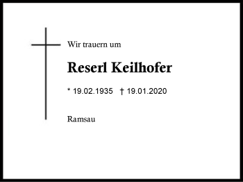 Traueranzeige von Reserl Keilhofer von Region Chiemgau