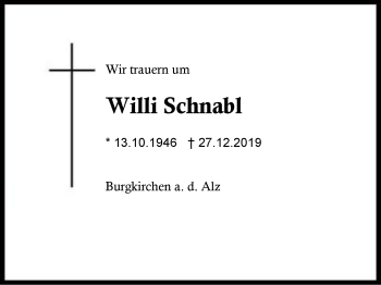 Traueranzeige von Willi  Schnabl von Region Berchtesgadener Land