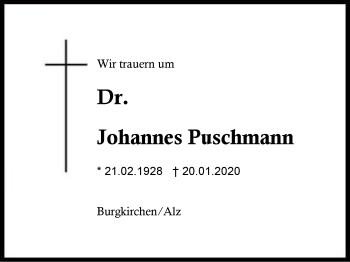 Traueranzeige von Johannes Puschmann von Region Berchtesgadener Land