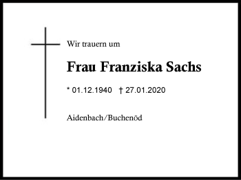 Traueranzeige von Franziska  Sachs von Region Berchtesgadener Land