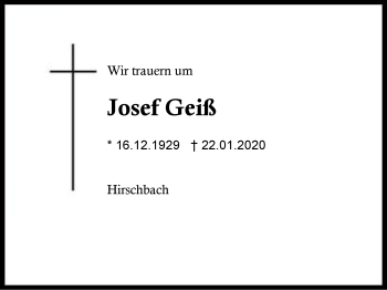 Traueranzeige von Josef Geiß von Region Berchtesgadener Land