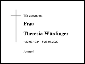 Traueranzeige von Theresia Würdinger von Region Berchtesgadener Land