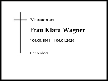 Traueranzeige von Klara Wagner von Region Berchtesgadener Land