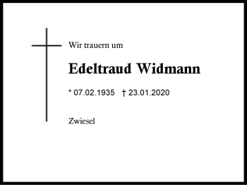 Traueranzeige von Edeltraud  Widmann von Region Berchtesgadener Land