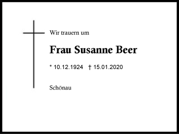 Traueranzeige von Susanne Beer von Region Berchtesgadener Land