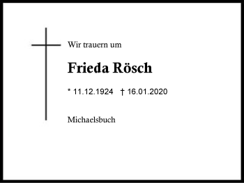 Traueranzeige von Frieda Rösch von Region Berchtesgadener Land