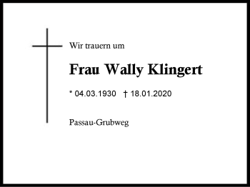 Traueranzeige von Wally Klingert von Region Berchtesgadener Land