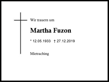 Traueranzeige von Martha Fuzon von Region Berchtesgadener Land