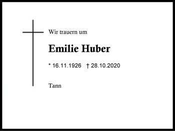 Traueranzeige von Emilie Huber von Region Berchtesgadener Land