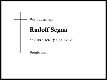 Traueranzeige von Rudolf Segna von Region Berchtesgadener Land