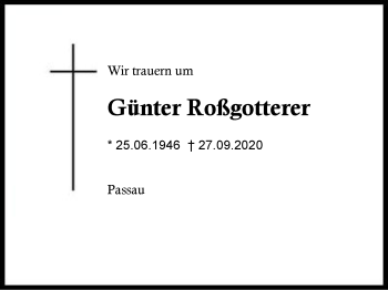 Traueranzeige von Günter Roßgotterer von Region Berchtesgadener Land