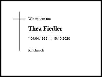 Traueranzeige von Thea Fiedler von Region Berchtesgadener Land