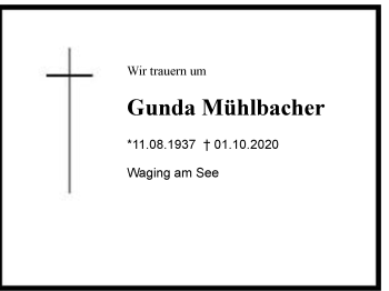 Traueranzeige von Gunda  Mühlbacher von Region Chiemgau