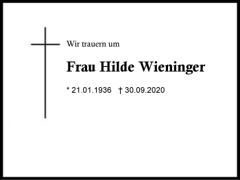 Traueranzeige von Hilde Wieninger von Region Berchtesgadener Land