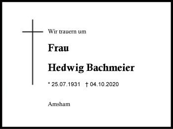 Traueranzeige von Hedwig Bachmeier von Region Berchtesgadener Land