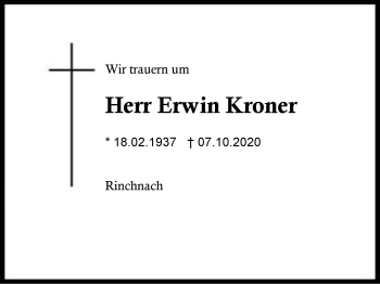 Traueranzeige von Erwin Kroner von Region Berchtesgadener Land