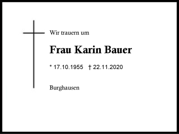 Traueranzeige von Karin Bauer von Region Berchtesgadener Land